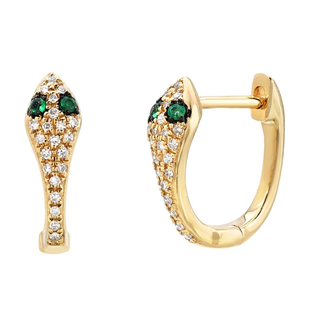 SOLD! 14K Diamond Emerald Snake Eyes Huggie Hoop Earrings - Solid Yellow Gold